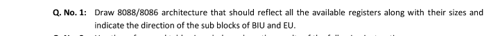 Q. No. 1: Draw 8088/8086 architecture that should reflect all the available registers along with their sizes and
indicate the direction of the sub blocks of BIU and EU.
