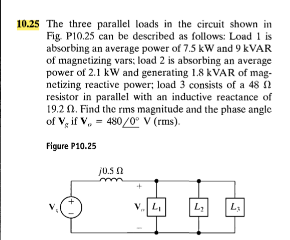 10.25 The three parallel loads in the circuit shown in
Fig. P10.25 can be described as follows: Load 1 is
absorbing an average power of 7.5 kW and 9 kVAR
of magnetizing vars; load 2 is absorbing an average
power of 2.1 kW and generating 1.8 kVAR of mag-
netizing reactive power; load 3 consists of a 48
resistor in parallel with an inductive reactance of
19.2 2. Find the rms magnitude and the phase angle
of Vg if V₁ = 480/0° V (rms).
Figure P10.25
j0.5
V₁, L₁
5
L₂
L3