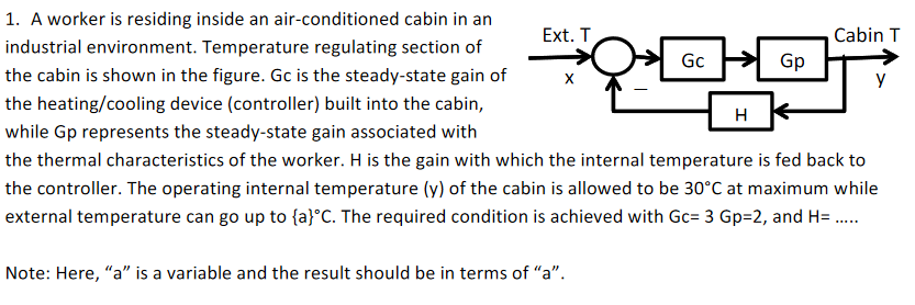 1. A worker is residing inside an air-conditioned cabin in an
Ext. T
Cabin T
industrial environment. Temperature regulating section of
Gc
Gp
the cabin is shown in the figure. Gc is the steady-state gain of
y
the heating/cooling device (controller) built into the cabin,
H
while Gp represents the steady-state gain associated with
the thermal characteristics of the worker. H is the gain with which the internal temperature is fed back to
the controller. The operating internal temperature (y) of the cabin is allowed to be 30°C at maximum while
external temperature can go up to {a}°C. The required condition is achieved with Gc= 3 Gp=2, and H=.
Note: Here, "a" is a variable and the result should be in terms of "a".
