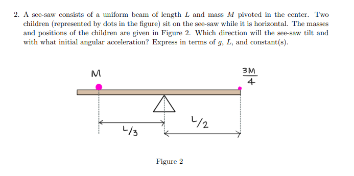 2. A see-saw consists of a uniform beam of length L and mass M pivoted in the center. Two
children (represented by dots in the figure) sit on the see-saw while it is horizontal. The masses
and positions of the children are given in Figure 2. Which direction will the see-saw tilt and
with what initial angular acceleration? Express in terms of g, L, and constant(s).
зм
M
4
L/2
L/3
Figure 2
