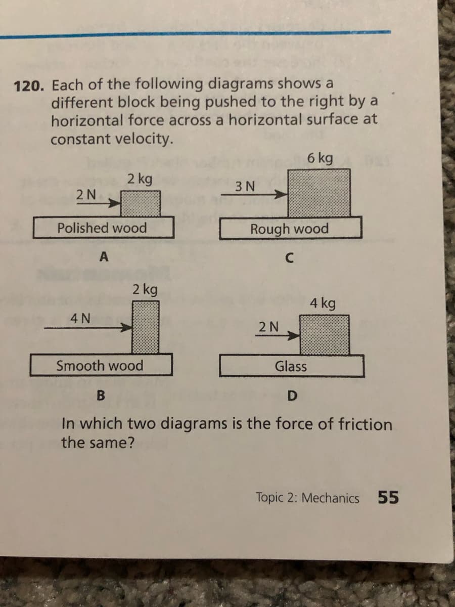 120. Each of the following diagrams shows a
different block being pushed to the right by a
horizontal force across a horizontal surface at
constant velocity.
6 kg
2 kg
3 N
2 N
Polished wood
Rough wood
A
2 kg
4 kg
4 N
2 N
Smooth wood
Glass
In which two diagrams is the force of friction
the same?
Topic 2: Mechanics 55
