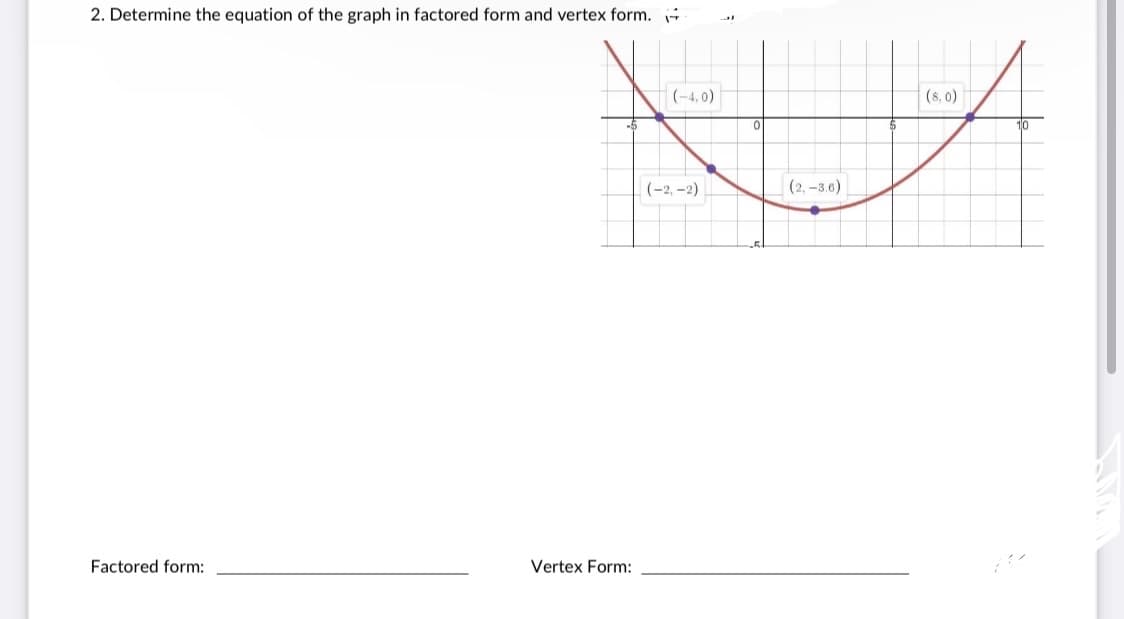 2. Determine the equation of the graph in factored form and vertex form.
|(-4, 0)
(8, 0)
(-2, -2)
(2, -3.6)
Factored form:
Vertex Form:
