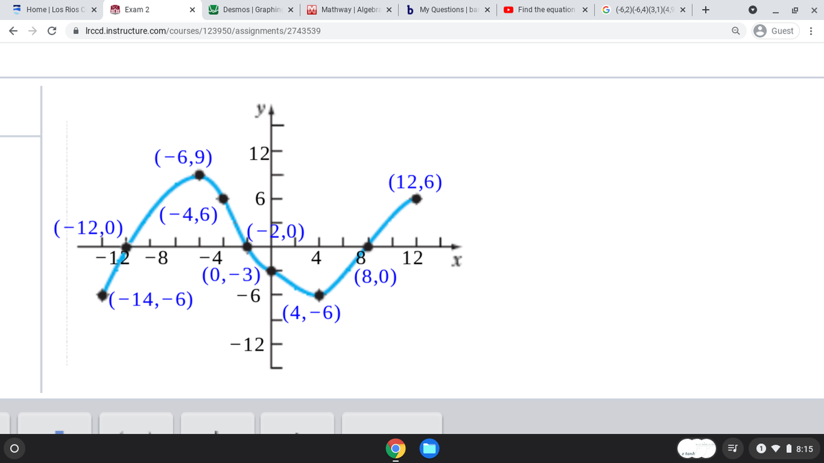 = Home | Los Rios C x
A Exam 2
A Desmos | Graphin x
M Mathway | Algebra x
b My Questions | bar x
O Find the equation x
G (6,2)(-6,4)(3,1)(4,9 ×
+
A Irccd.instructure.com/courses/123950/assignments/2743539
Guest
(-6,9)
12-
(12,6)
6
(-4,6)
(-12,0)
-12 -8
-4
(0,-3)
4
12
(8,0)
*(-14,-6)
-6
L(4,-6)
-12
8:15
z tanh
