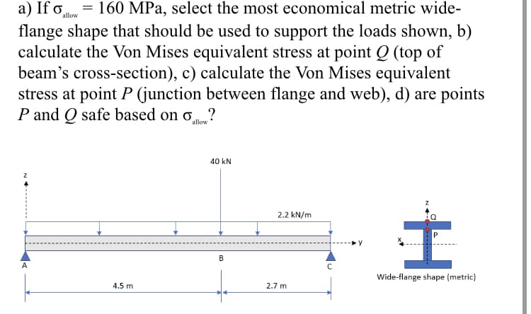 160 MPa, select the most economical metric wide-
a) If o,
flange shape that should be used to support the loads shown, b)
calculate the Von Mises equivalent stress at point Q (top of
beam's cross-section), c) calculate the Von Mises equivalent
stress at point P (junction between flange and web), d) are points
P and Q safe based on o?
allow
allow
40 kN
2.2 kN/m
B
A
Wide-flange shape (metric)
4.5 m
2.7 m
