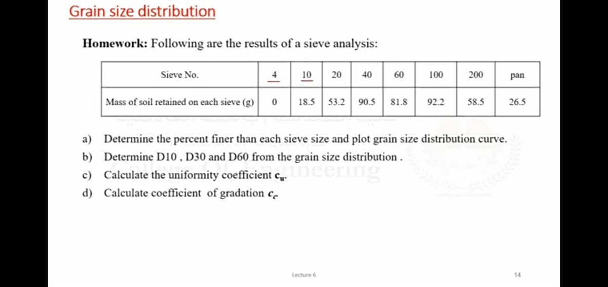 Grain size distribution
Homework: Following are the results of a sieve analysis:
Sieve No.
10
20
40
60
100
200
pan
Mass of soil retained on each sieve (g)
18.5
53.2
90.5
81.8
92.2
58.5
26.5
a)
Determine the percent finer than each sieve size and plot grain size distribution curve.
b) Determine D10, D30 and D60 from the grain size distribution.
c) Calculate the uniformity coefficient c„neering
d) Calculate coefficient of gradation c.
Lecture 6
14
