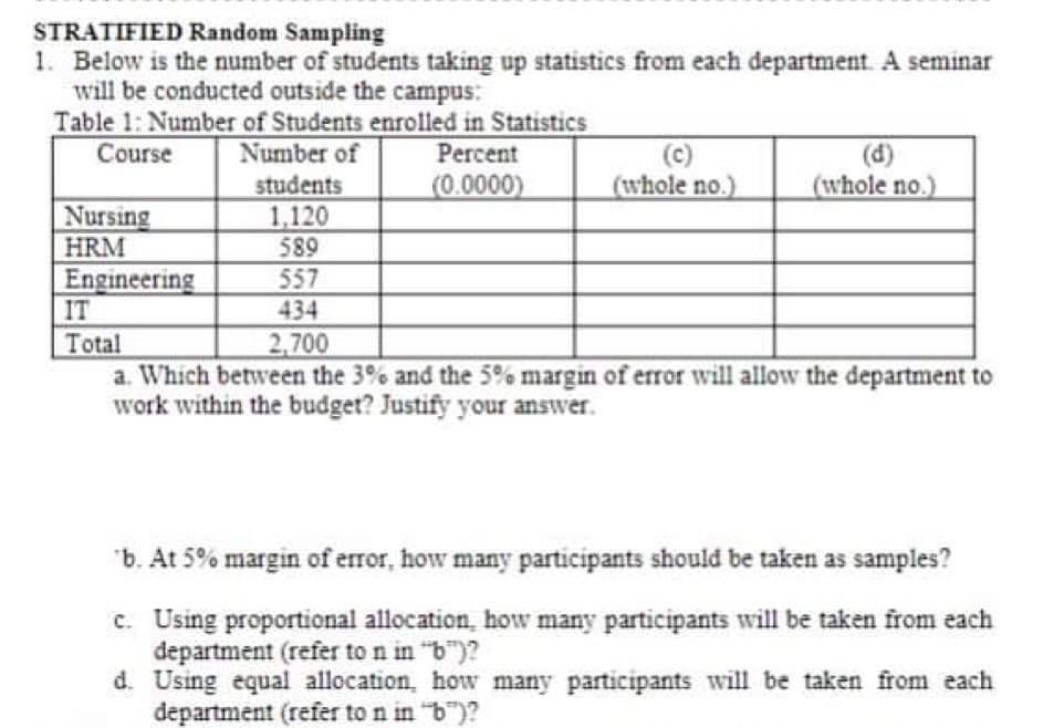 STRATIFIED Random Sampling
1. Below is the number of students taking up statistics from each department. A seminar
will be conducted outside the campus:
Table 1: Number of Students enrolled in Statistics
Course
Number of
Percent
(c)
(d)
students
(0.0000)
(whole no.)
(whole no.)
Nursing
1,120
HRM
589
Engineering
557
IT
434
Total
2,700
a. Which between the 3% and the 5% margin of error will allow the department to
work within the budget? Justify your answer.
b. At 5% margin of error, how many participants should be taken as samples?
c. Using proportional allocation, how many participants will be taken from each
department (refer to n in "b")?
d. Using equal allocation, how many participants will be taken from each
department (refer to n in "b")?