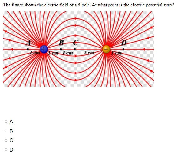 The figure shows the electric field of a dipole. At what point is the electric potential zero?
O
A
OB
C
OD
B
cm cm 1 cm
F
2 cm