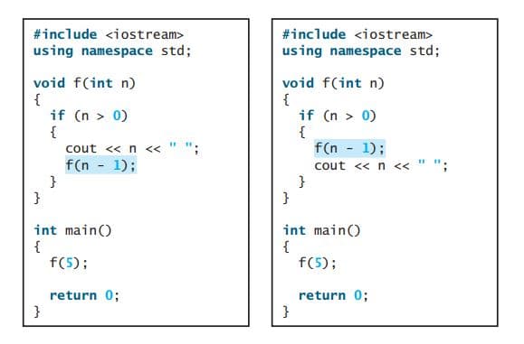 #include <iostream>
#include <iostream>
using namespace std;
using namespace std;
void f(int n)
{
if (n > 0)
{
cout << n << " ";
f(n 1);
}
}
void f(int n)
{
if (n > 0)
{
f(n 1);
cout <« n <<
"3;
}
}
int main()
{
f(5);
int main()
{
f(5);
return 0;
}
return 0;
}
