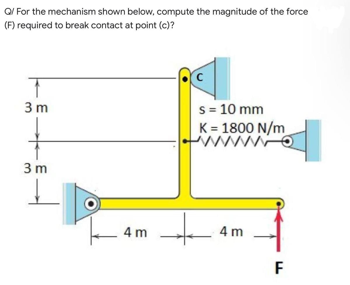 Q/ For the mechanism shown below, compute the magnitude of the force
(F) required to break contact at point (c)?
C
3 m
s = 10 mm
K = 1800 N/m
WO
3 m
4 m
4 m
F