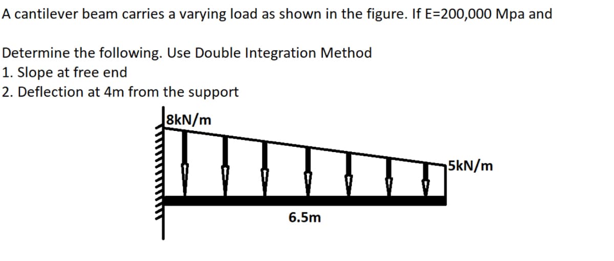 A cantilever beam carries a varying load as shown in the figure. If E=200,000 Mpa and
Determine the following. Use Double Integration Method
1. Slope at free end
2. Deflection at 4m from the support
8kN/m
5kN/m
6.5m
