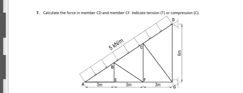 7. Calculate the force in member CD and member CF. Indicate tension (T) or compression (C).
5 kN/m
B
3m
3m
3m
ug
