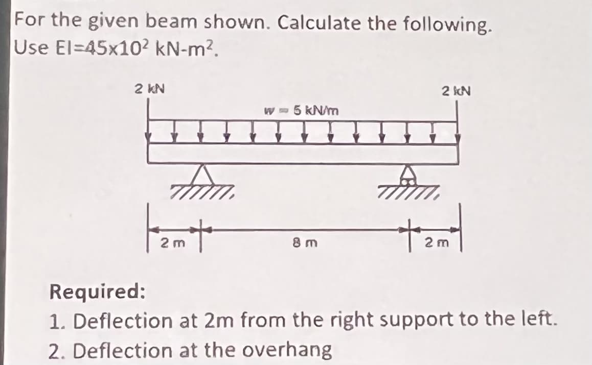 For the given beam shown. Calculate the following.
Use El=45x10² kN-m².
2 kN
2 KN
W 5 KNm
8 m
2 m
Required:
1. Deflection at 2m from the right support to the left.
2. Deflection at the overhang

