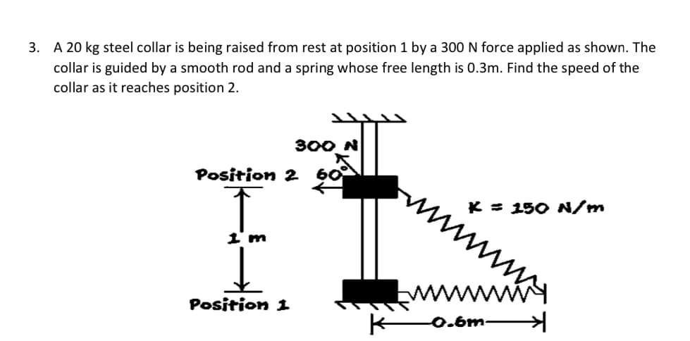 3. A 20 kg steel collar is being raised from rest at position 1 by a 300 N force applied as shown. The
collar is guided by a smooth rod and a spring whose free length is 0.3m. Find the speed of the
collar as it reaches position 2.
300 N
Position 2 60
K = 150 N/m
1 m
Position 1
0.6m-
