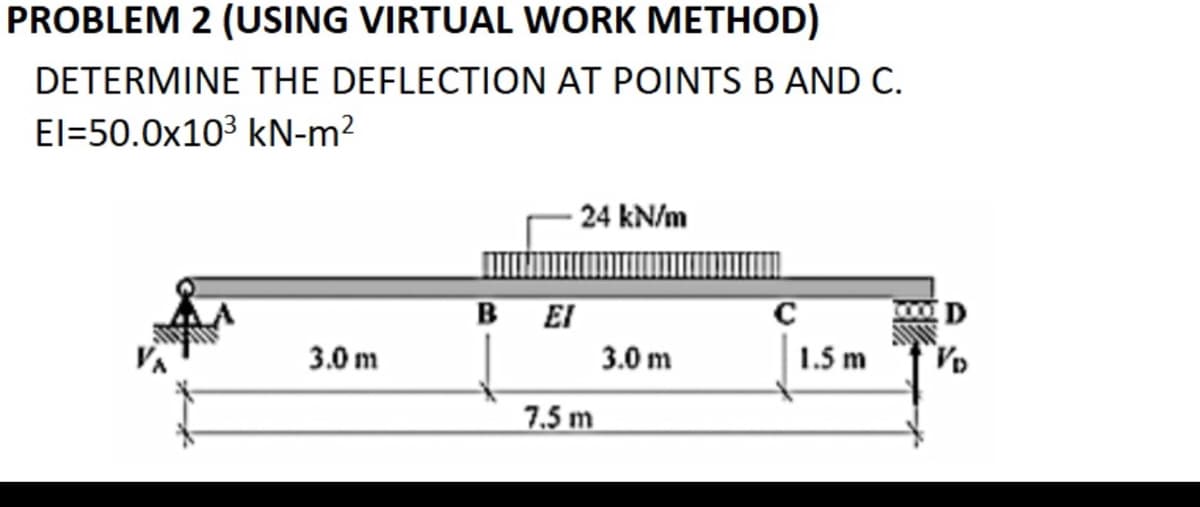 PROBLEM 2 (USING VIRTUAL WORK METHOD)
DETERMINE THE DEFLECTION AT POINTS B AND C.
El=50.0x10³ kN-m²
24 kN/m
B
EI
3.0 m
3.0 m
1.5 m
7.5 m
