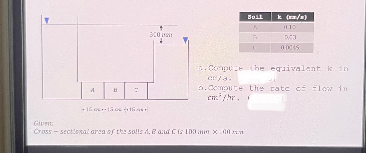 Soil
k (mm/s)
0.10
300 тm
B
0.03
0.0049
a.Compute the equivalent k in
cm/s.
A
C
b.Compute the rate of flow in
cm³ /hr.
15 cm15 cm15 cm»
Given:
Cross-sectional area of the soils A, B and C is 100 mm x 100 mm
