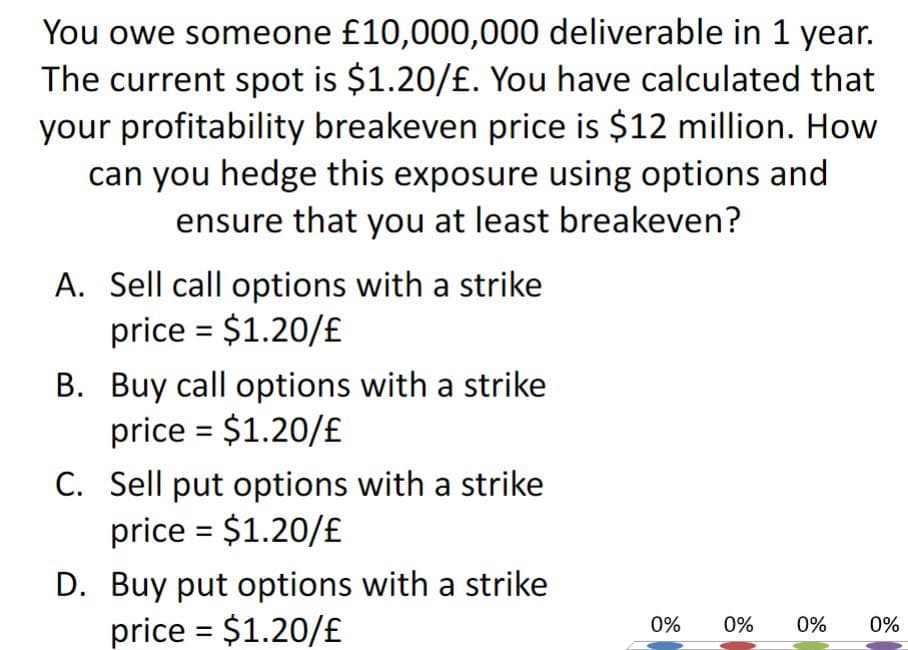 You owe someone £10,000,000 deliverable in 1 year.
The current spot is $1.20/£. You have calculated that
your profitability breakeven price is $12 million. How
can you hedge this exposure using options and
ensure that you at least breakeven?
A. Sell call options with a strike
price = $1.20/£
B. Buy call options with a strike
price = $1.20/£
C. Sell put options with a strike
price = $1.20/£
D. Buy put options with a strike
price = $1.20/£
0%
0%
0% 0%