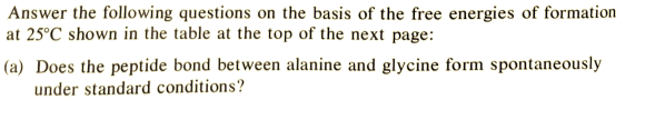 Answer the following questions on the basis of the free energies of formation
at 25°C shown in the table at the top of the next page:
(a) Does the peptide bond between alanine and glycine form spontaneously
under standard conditions?
