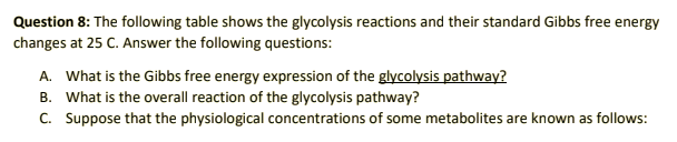 Question 8: The following table shows the glycolysis reactions and their standard Gibbs free energy
changes at 25 C. Answer the following questions:
A. What is the Gibbs free energy expression of the glycolysis pathway?
B. What is the overall reaction of the glycolysis pathway?
C. Suppose that the physiological concentrations of some metabolites are known as follows:
