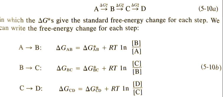 AG†
AG
AG
AS B*CD
(5-10a)
in which the AG*s give the standard free-energy change for each step. We
can write the free-energy change for each step:
[B]
А > В:
AGAB = AGÅB + RT 1n
[A]
[C]
AGBC = AGic + RT 1n
[B]
В — С:
(5-10b)
[D]
AGÉD + RT 1n
[C]
С — D:
AGCD =
