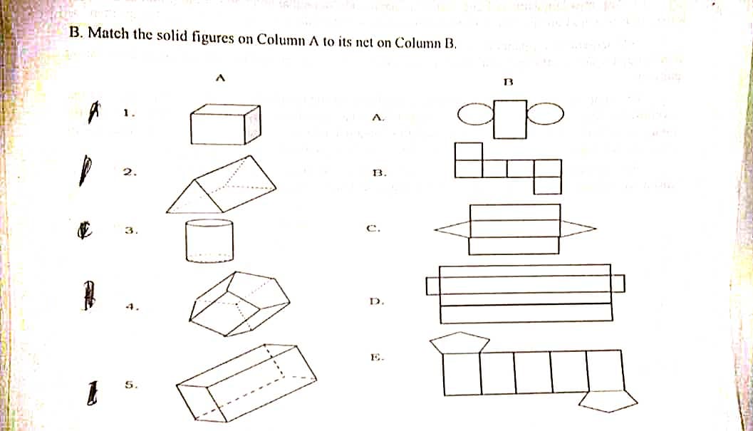 B. Match the solid figures on Column A to its net on Column B.
A.
B.
臣
107
C.
D.
13