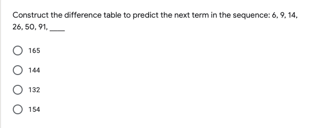 Construct the difference table to predict the next term in the sequence: 6, 9, 14,
26, 50, 91,
165
О 144
132
О 154
