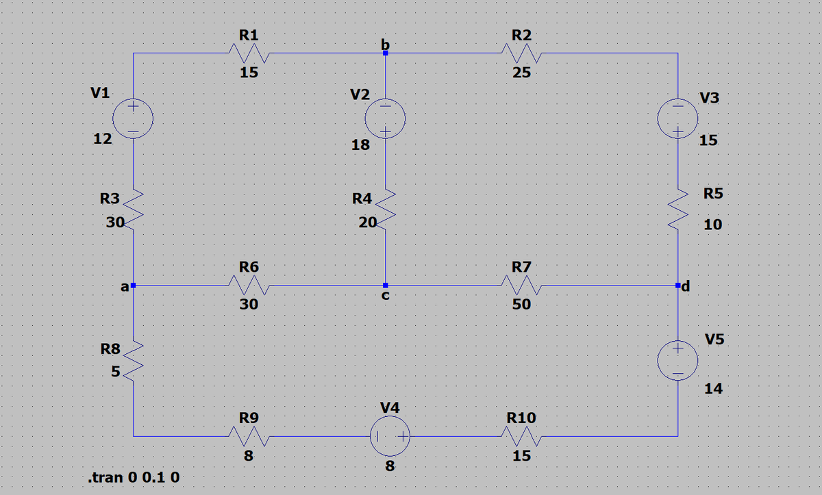 R1
R2
15
25
V1
V2
V3
12
18
15
R5
R3
R4
30
20
10
R6
R7
a
+d
C
30
50
V5
R8
5.
14
V4
R9
R10
8
15
8.
.tran 0 0.1 O
. .. .
. ..
