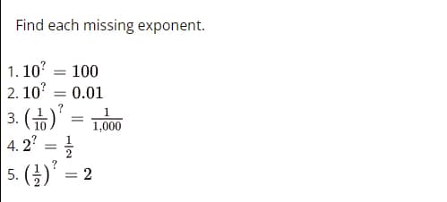 Find each missing exponent.
1.10² = 100
2.10² = 0.01
?
1
=
3. (1)
4.2²
1,000
= 1/1/2
?
5. (-/-)²
| ||
= 2