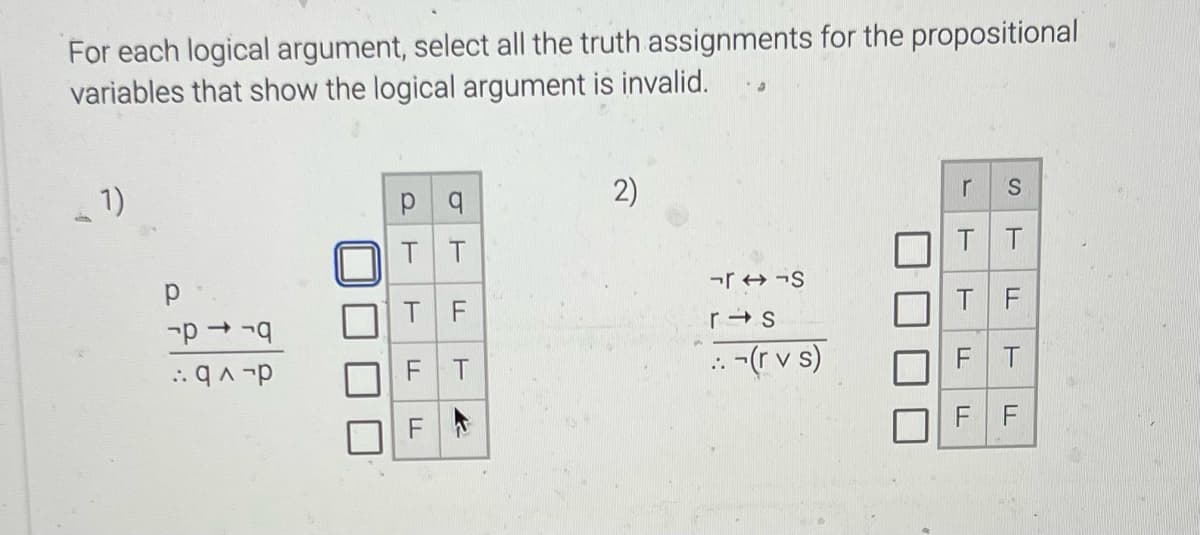 For each logical argument, select all the truth assignments for the propositional
variables that show the logical argument is invalid.
1)
2)
T T
T F
F T
d- v b :
(s ^ 1)- ::
F
