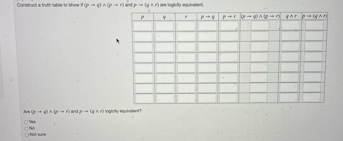 Construct a truth table to show if (p → q) A (p - r) and p (qar) are logiclly equivalent.
p-r (p→ q) ^ (p → r)
qar p (q ^r)
Are (p → q) ^ (p → r) and p → (q ^ r) logiclly equivalent?
O Yes
No
ONot sure
