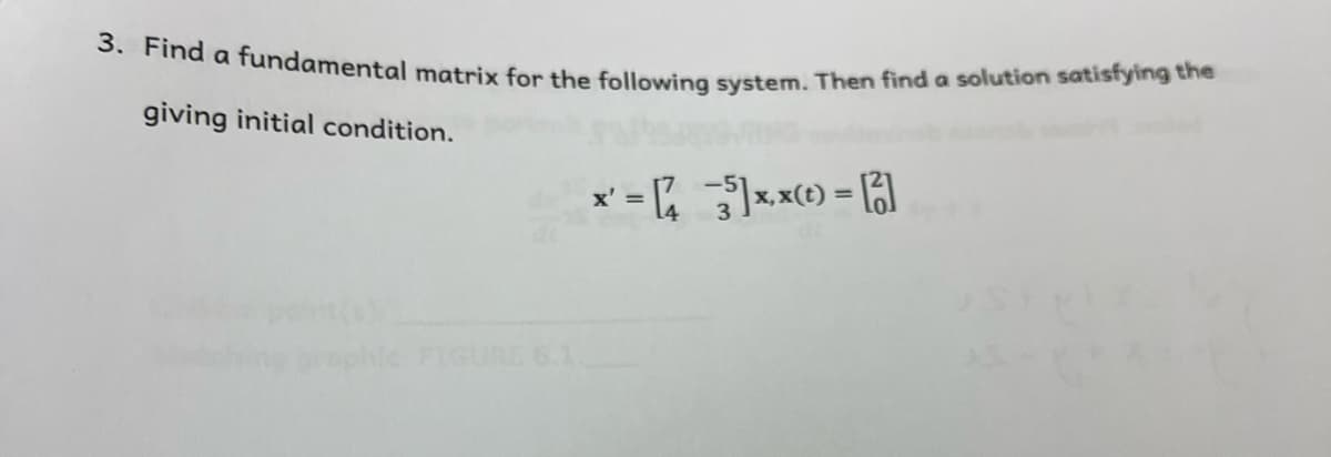 3. Find a fundamental matrix for the following system. Then find a solution satisfying the
giving initial condition.
x' = % ]xx) = []
%3D
FIGURE 6.1
