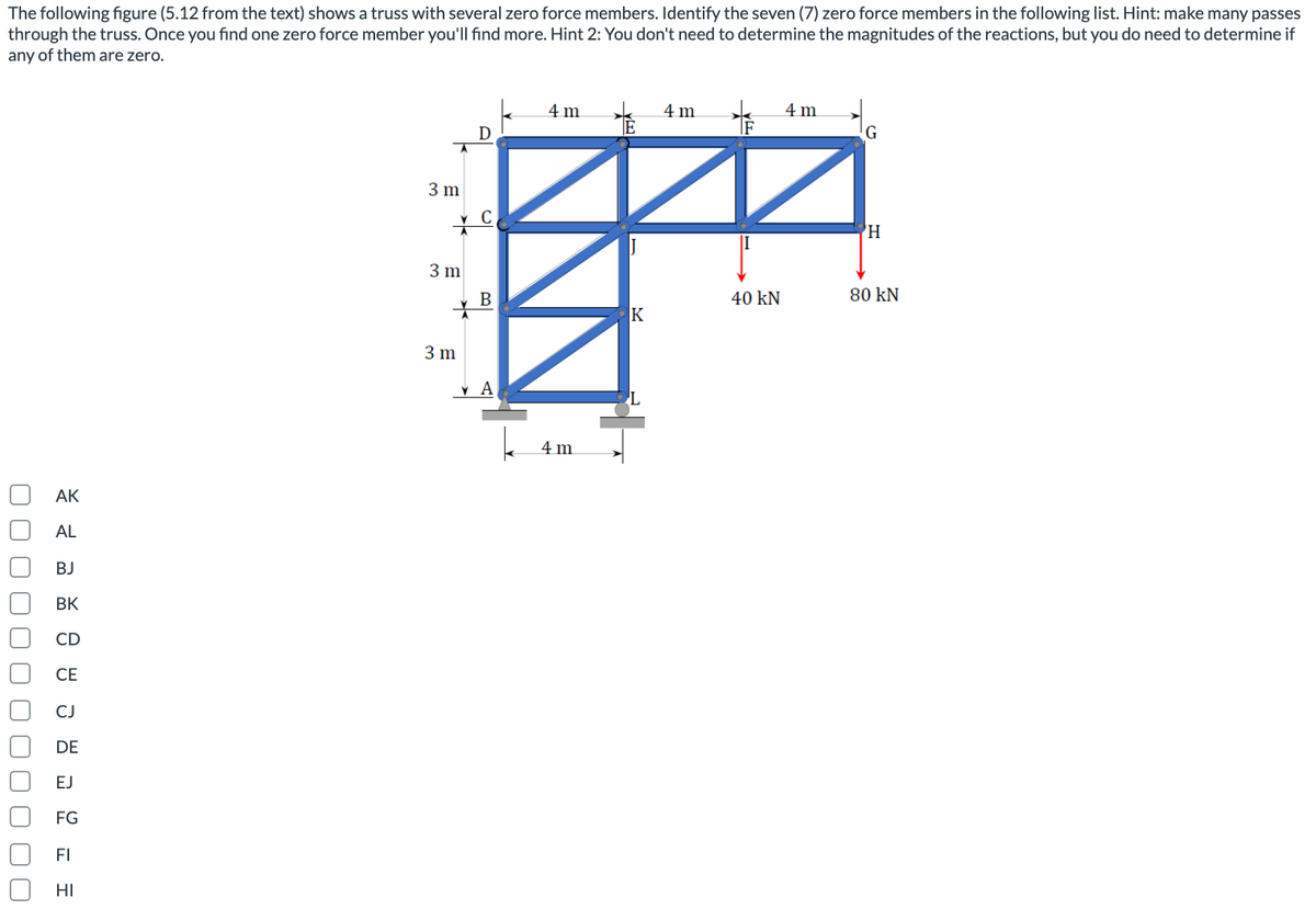 The following figure (5.12 from the text) shows a truss with several zero force members. Identify the seven (7) zero force members in the following list. Hint: make many passes
through the truss. Once you find one zero force member you'll find more. Hint 2: You don't need to determine the magnitudes of the reactions, but you do need to determine if
any of them are zero.
4 m
4 m
4 m.
IF
G
3 m
3 m
B
40 kN
80 kN
K
3 m
A
4 m
АК
AL
BJ
BK
CD
СЕ
CJ
DE
EJ
FG
FI
HI
O O O O 00000 O O0
