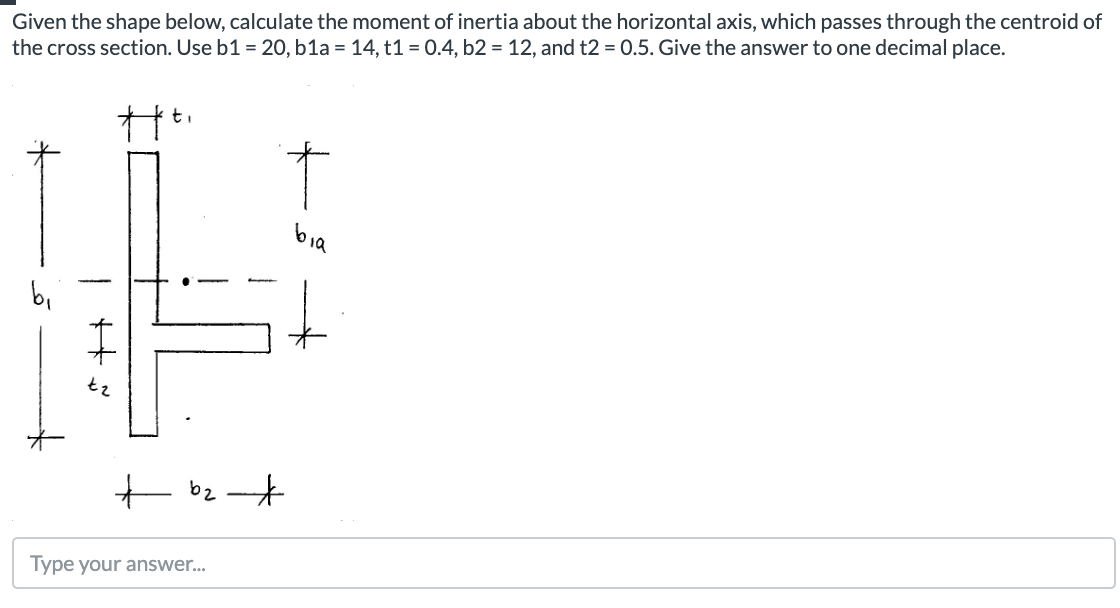 Given the shape below, calculate the moment of inertia about the horizontal axis, which passes through the centroid of
the cross section. Use b1 = 20, b1a = 14, t1 = 0.4, b2 = 12, and t2 = 0.5. Give the answer to one decimal place.
ti
bia
bi
tz
Type your answer..
