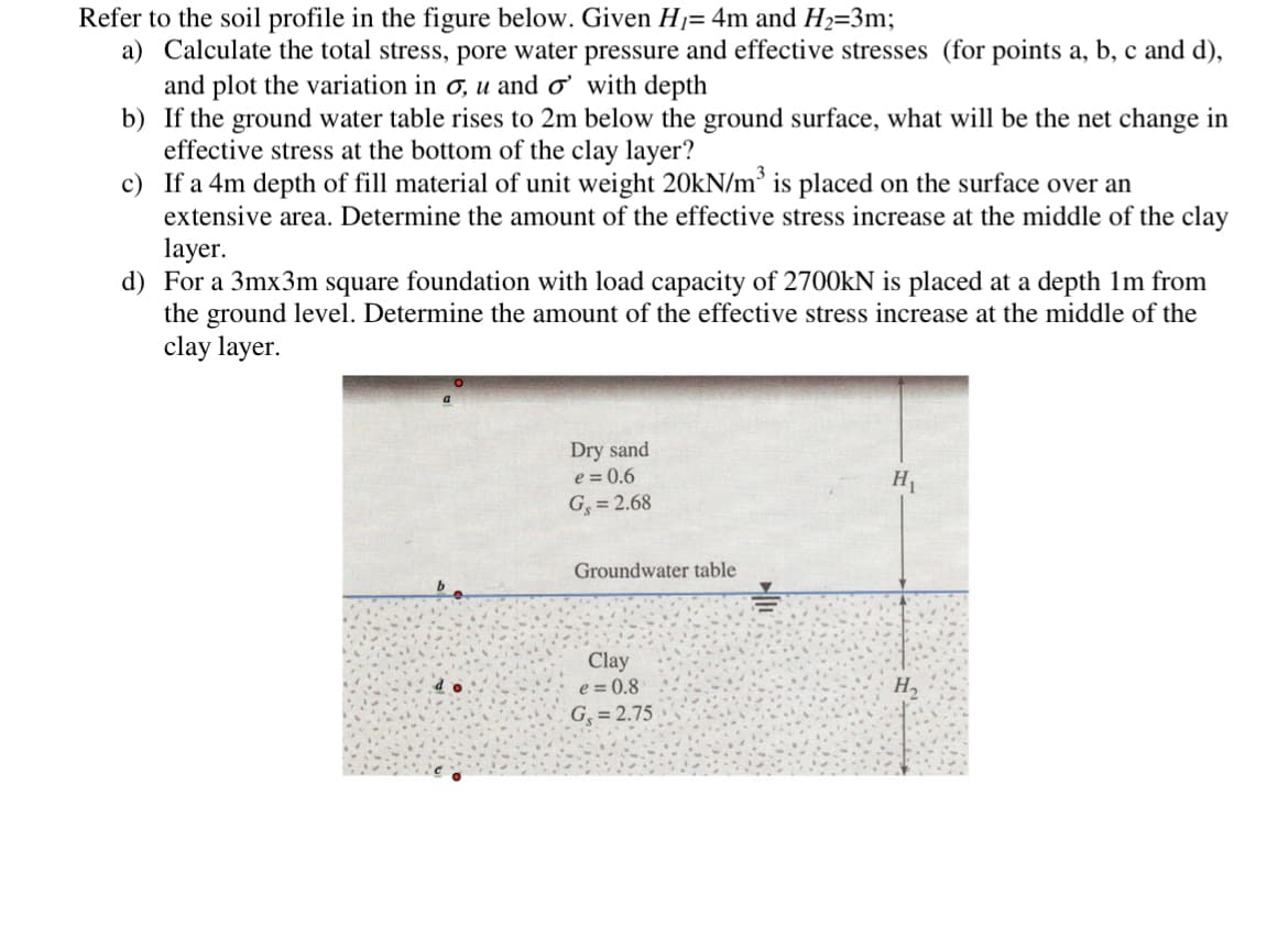 Refer to the soil profile in the figure below. Given Hj= 4m and H2=3m;
a) Calculate the total stress, pore water pressure and effective stresses (for points a, b, c and d),
and plot the variation in ơ, u and ơ with depth
b) If the ground water table rises to 2m below the ground surface, what will be the net change in
effective stress at the bottom of the clay layer?
c) If a 4m depth of fill material of unit weight 20KN/m³ is placed on the surface over an
extensive area. Determine the amount of the effective stress increase at the middle of the clay
layer.
d) For a 3mx3m square foundation with load capacity of 2700KN is placed at a depth 1m from
the ground level. Determine the amount of the effective stress increase at the middle of the
clay layer.
Dry sand
e = 0.6
G, = 2.68
H1
Groundwater table
Clay
e = 0.8
H,
G = 2.75
