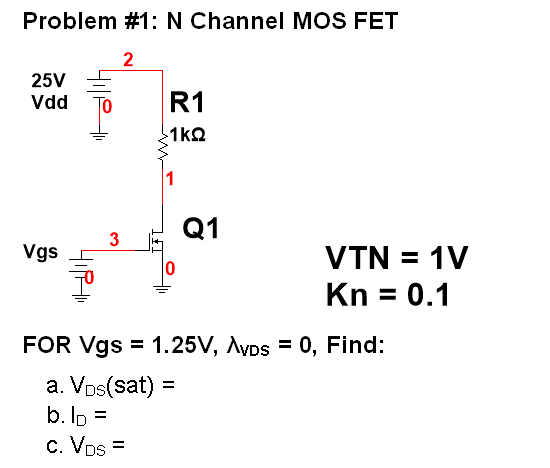 Problem #1: N Channel MOS FET
2
25V
Vdd
R1
1kQ
Q1
3
Vgs
VTN = 1V
Kn = 0.1
FOR Vgs = 1.25V, Ayps = 0, Find:
a. Vos(sat) =
b. lp =
c. Vps =
