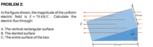 In the figure shown, the magnitude of the uniform
electric field is E = 70 kN/C . Calculate the
electric flux through:
32.0 cm
A. The vertical rectangular surface
B. The slanted surface
70
C. The entire surface of the box
45.0cm'
