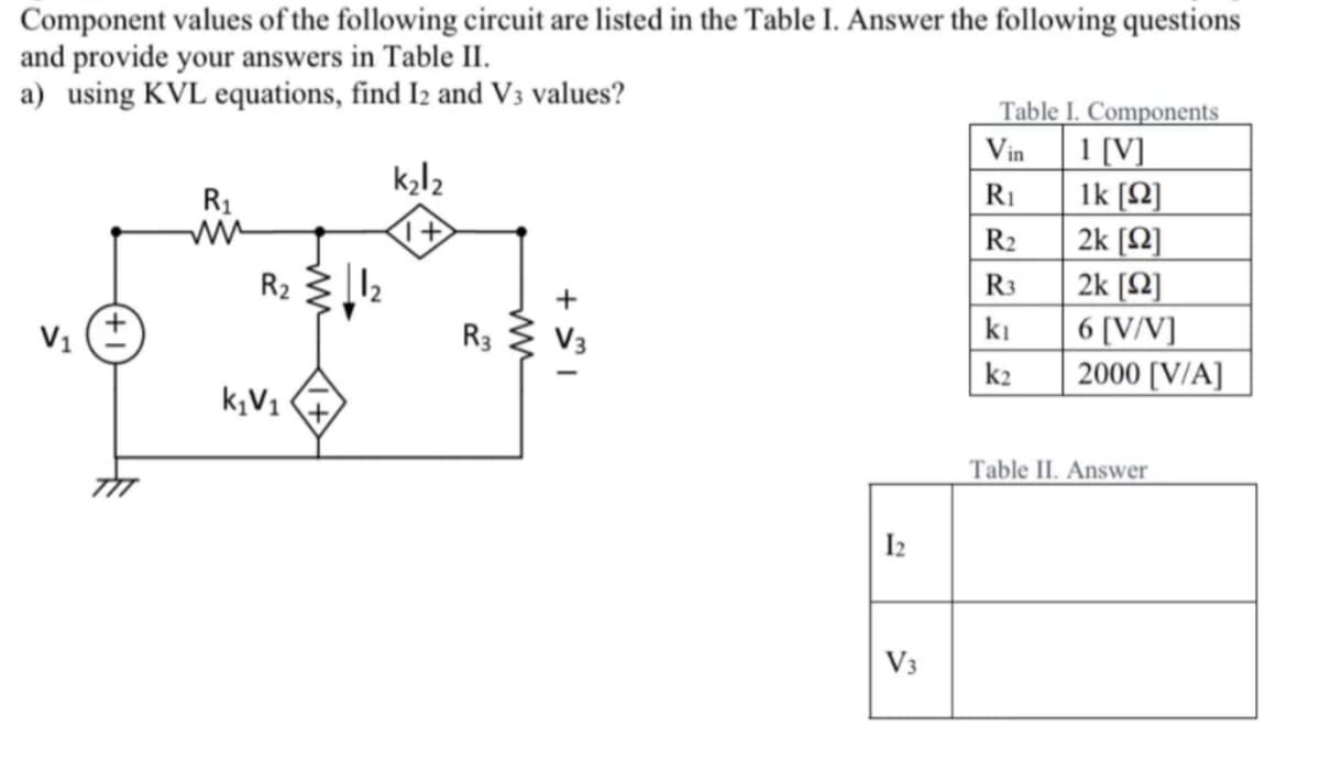 Component values of the following circuit are listed in the Table I. Answer the following questions
and provide your answers in Table II.
a) using KVL equations, find I2 and V3 values?
Table I. Components
Vin
1 [V]
k₂l₂
R₁
1k [Ω]
R₁
ww
R₂
2k [Ω]
R3
2k [12]
kı
6 [V/V]
V₁
k2
2000 [V/A]
Table II. Answer
+
R₂
k₁V₁
<<+1
R3
ww
+کہا
V3
12
V3