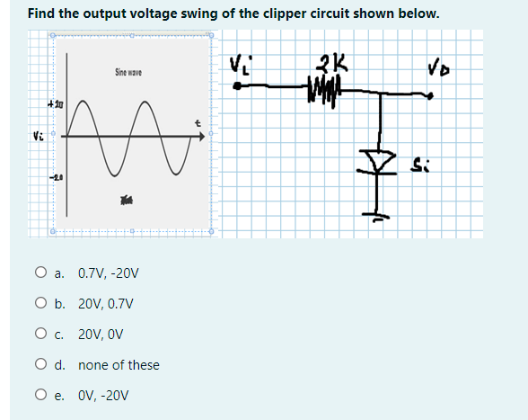 Find the output voltage swing of the clipper circuit shown below.
3K
Vo
Sine wave
+加
Vi
a. 0.7V, -20V
O b. 20V, 0.7V
O c. 20V, OV
O d. none of these
O e. OV, -20V
