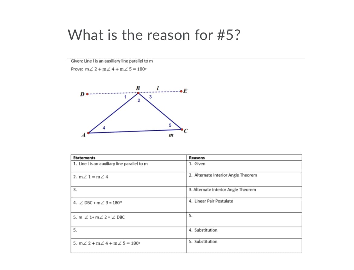 What is the reason for #5?
Given: Line I is an auxiliary line parallel to m
Prove: mz 2+mZ 4+mZ5=180°
B
●E
D
2
Statements
Reasons
1. Line l is an auxiliary line parallel to m
1. Given
2. m21=m 4
2. Alternate Interior Angle Theorem
3.
3. Alternate Interior Angle Theorem
4. Z DBC + m2 3 = 180°
4. Linear Pair Postulate
5. m Z 1+ mZ2 = Z DBC
5.
5.
4. Substitution
5. m2 2+m4+mZ5=180°
5. Substitution

