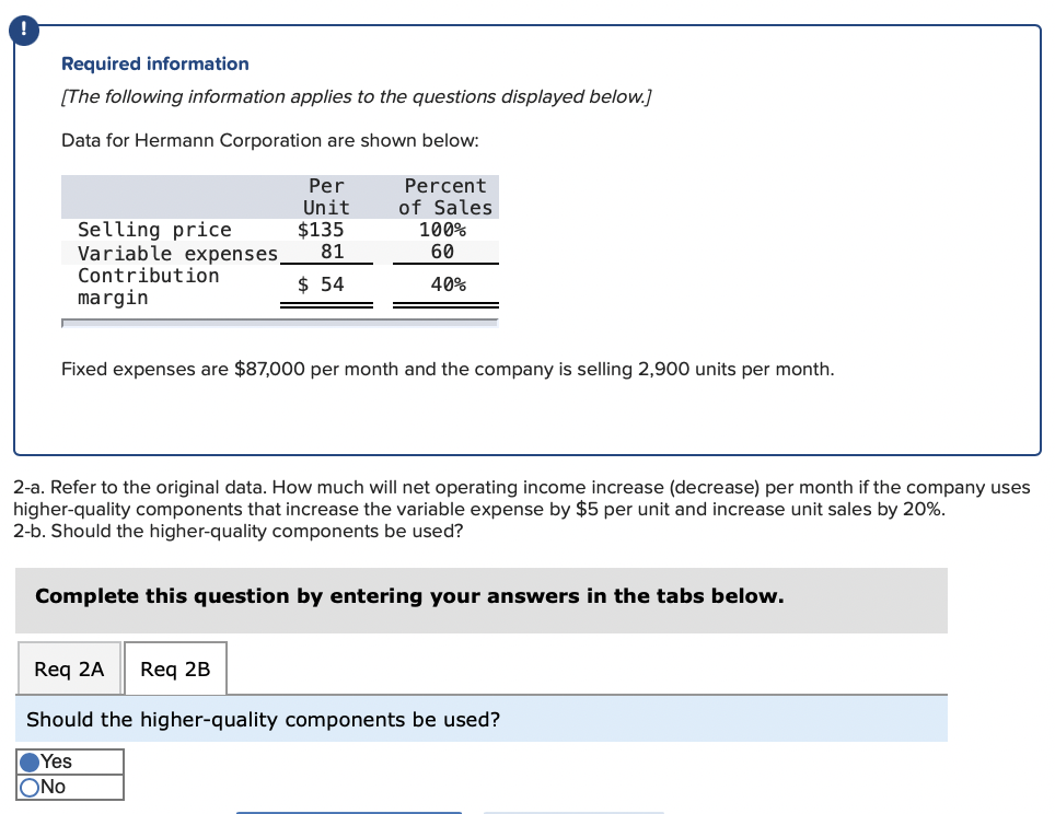 Required information
[The following information applies to the questions displayed below.]
Data for Hermann Corporation are shown below:
Per
Percent
Selling price
Variable expenses,
Contribution
Unit
$135
81
of Sales
100%
60
$ 54
40%
margin
Fixed expenses are $87,000 per month and the company is selling 2,900 units per month.
2-a. Refer to the original data. How much will net operating income increase (decrease) per month if the company uses
higher-quality components that increase the variable expense by $5 per unit and increase unit sales by 20%.
2-b. Should the higher-quality components be used?
Complete this question by entering your answers in the tabs below.
Req 2A
Req 2B
Should the higher-quality components be used?
Yes
ONo
