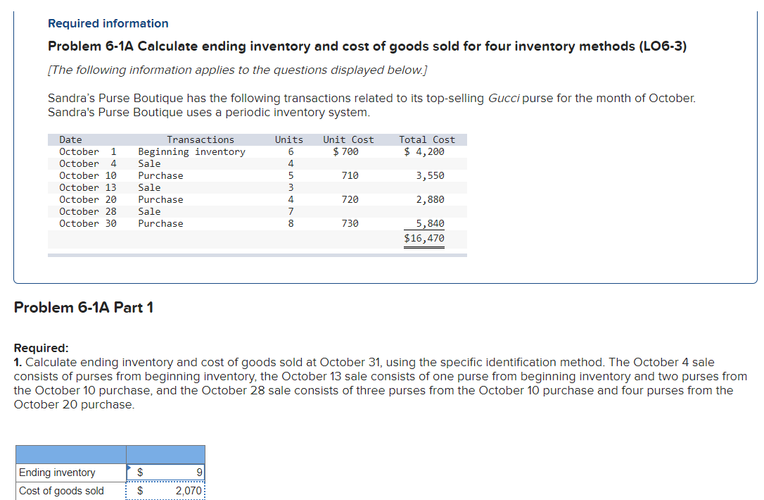 Required information
Problem 6-1A Calculate ending inventory and cost of goods sold for four inventory methods (LO6-3)
[The following information applies to the questions displayed below.]
Sandra's Purse Boutique has the following transactions related to its top-selling Gucci purse for the month of October.
Sandra's Purse Boutique uses a periodic inventory system.
Unit Cost
$ 700
Date
Transactions
Units
Total Cost
October 1
Beginning inventory
Sale
$ 4,200
6.
October 4
October 10
4
Purchase
710
3,550
October 13
Sale
October 20
Purchase
4.
720
2,880
October 28
Sale
7
October 30
Purchase
8
730
5,840
$16,470
Problem 6-1A Part 1
Required:
1. Calculate ending inventory and cost of goods sold at October 31, using the specific identification method. The October 4 sale
consists of purses from beginning inventory, the October 13 sale consists of one purse from beginning inventory and two purses from
the October 10 purchase, and the October 28 sale consists of three purses from the October 10 purchase and four purses from the
October 20 purchase.
Ending inventory
$
9
Cost of goods sold
2,070
