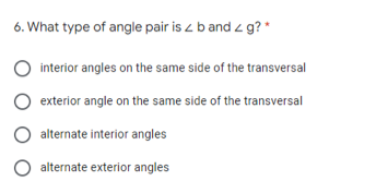 6. What type of angle pair is z b and z g? *
interior angles on the same side of the transversal
exterior angle on the same side of the transversal
alternate interior angles
alternate exterior angles
