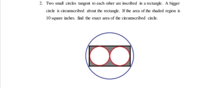 2. Two small circles tangent to each other are inscribed in a rectangle. A bigger
circle is circumscribed about the rectangle. If the area of the shaded region is
10 square inches, find the exact area of the circumscribed circk.
