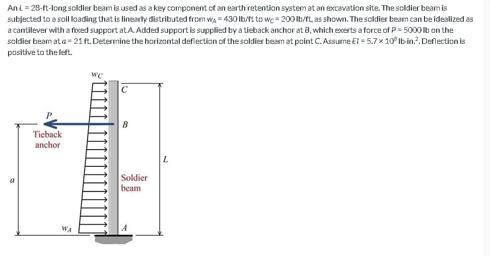 An L = 28-ft-long soldier beam is used as a key component of an earth retention system at an excavation site. The soldier beam is
subjected to a soil loading that is linearly distributed from WA=430 lb/ft to wc= 200 lb/ft, as shown. The soldier beam can be idealized as
a cantilever with a fixed support at A. Added support is supplied by a tieback anchor at B, which exerts a force of P = 5000 lb on the
soldier beam at a = 21 ft. Determine the horizontal deflection of the soldier beam at point C. Assume El = 5.7 x 108 lb-in.². Deflection is
positive to the left.
Tieback
anchor
WA
WC
C
B
Soldier
beam