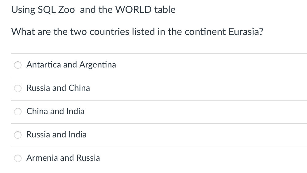 Using SQL Zoo and the WORLD table
What are the two countries listed in the continent Eurasia?
Antartica and Argentina
Russia and China
China and India
Russia and India
Armenia and Russia