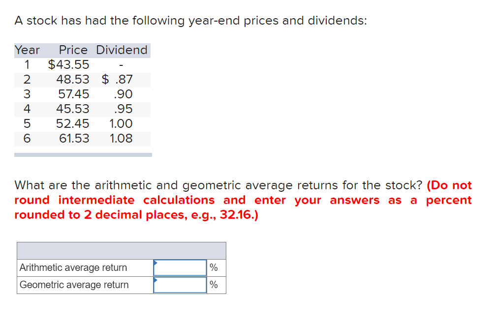 A stock has had the following year-end prices and dividends:
Year
Price Dividend
$43.55
48.53 $ .87
1
-
2
57.45
.90
4
45.53
.95
52.45
1.00
61.53
1.08
What are the arithmetic and geometric average returns for the stock? (Do not
round intermediate calculations and enter your answers as a percent
rounded to 2 decimal places, e.g.., 32.16.)
Arithmetic average return
%
Geometric average return
%
