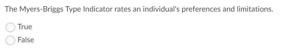 The Myers-Briggs Type Indicator rates an individual's preferences and limitations.
True
False
