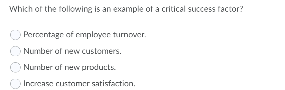 Which of the following is an example of a critical success factor?
Percentage of employee turnover.
Number of new customers.
Number of new products.
Increase customer satisfaction.
