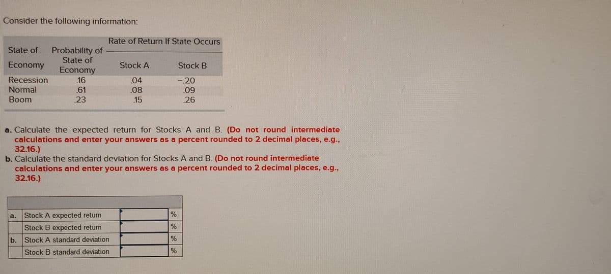 Consider the following information:
Rate of Return If State Occurs
State of
Probability of
State of
Economy
Stock A
Stock B
Economy
Recession
Normal
Boom
16
04
-20
61
08
09
23
15
26
a. Calculate the expected return for Stocks A and B. (Do not round intermediate
calculations and enter your answers as a percent rounded to 2 decimal places, e.g.,
32.16.)
b. Calculate the standard deviation for Stocks A and B. (Do not round intermediate
calculations and enter your answers as a percent rounded to 2 decimal places, e.g.,
32.16.)
a.
Stock A expected return
Stock B expected return
b. Stock A standard deviation
Stock B standard deviation
%
