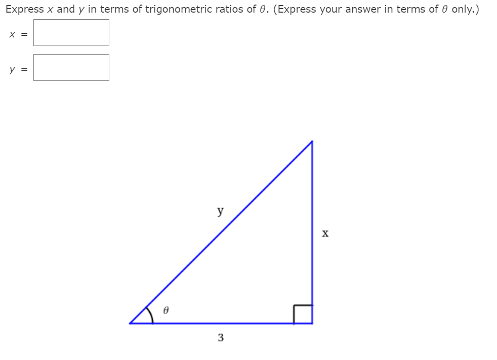 Express x and y in terms of trigonometric ratios of 0. (Express your answer in terms of 0 only.)
X =
y =
y
3
