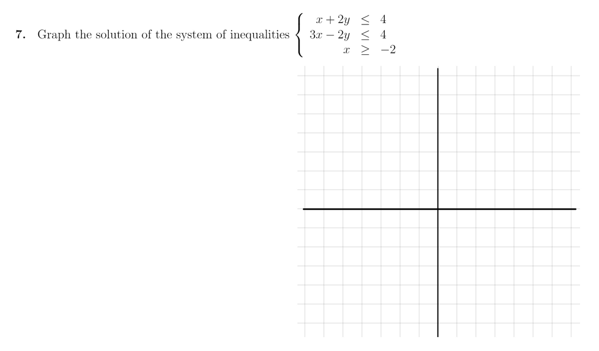 x + 2y < 4
Зл — 2у <4
7. Graph the solution of the system of inequalities
-2
